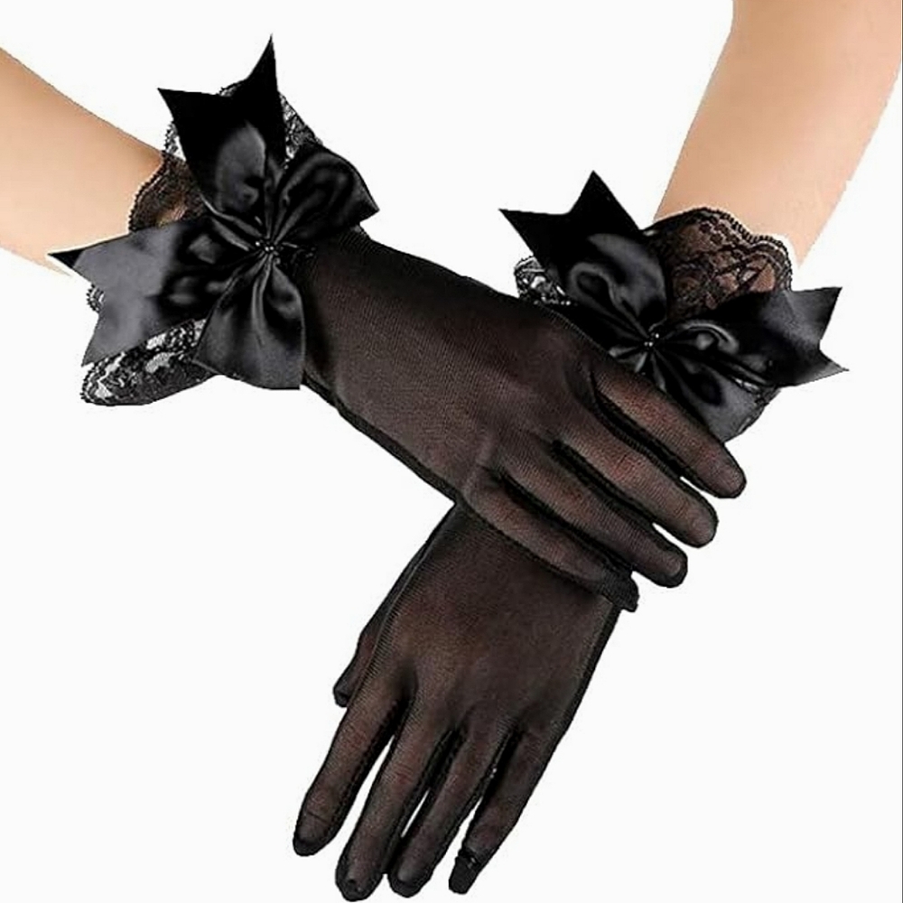 Beautiful Elegant Black Sheer Gloves Satin Bow Tea Party Church Bridal B…
